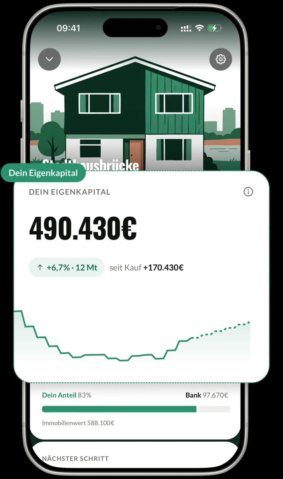 PropertyPilot App: Immobilien-Akte mit Eigenkapital-Karte und Wertverlauf